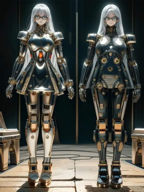 5 8K UHD,
 two beautiful robot women with internal skeletons in silver metallic bespectacled bodies kneeling,
 gold and silver metal robot transparent exoskeleton,
 their face is a beautiful human face,
 full body shot.