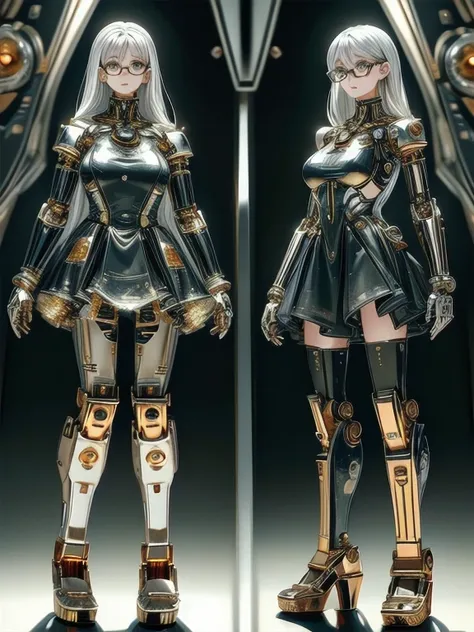 5 8K UHD,
 two beautiful robot women with internal skeletons in silver metallic bespectacled bodies kneeling,
 gold and silver metal robot transparent exoskeleton,
 their face is a beautiful human face,
 full body shot.