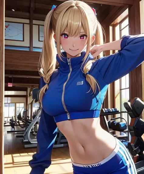 top-quality、Top image quality、​masterpiece、girl with((18year old、Blue Sports Bra、Blue sports pants、Best Bust、Bust 90、Blonde twintails、Red Eyes、open chest wide、Valley、Happiness、A slender、ssmile,fitness)）hiquality、Beautiful Art、Background with((sports club))...