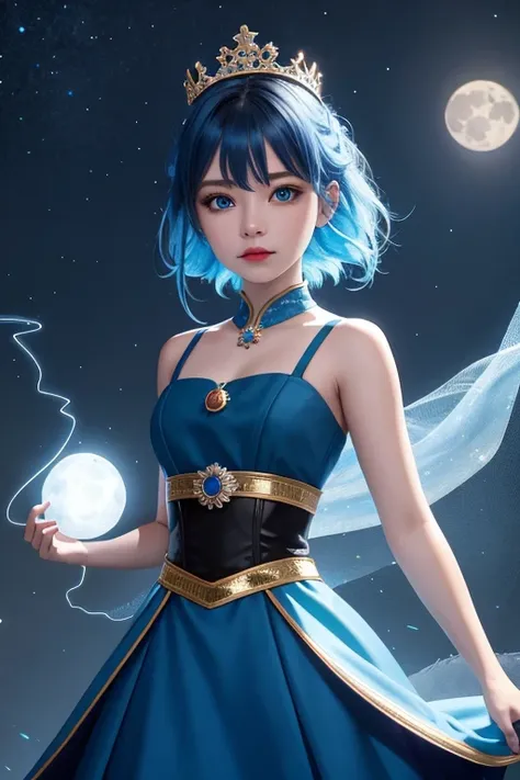 a night, ((1 girl)), Single, Masterpiece, 8k wallpaper, High accuracy, Absurdities, High quality background, short hair, Black hair, Multicolored hair, Beautiful frozen village, (Bright full moon), Blue dress, Bespoke dress, Jewelry dress, (magic:1.2), blu...