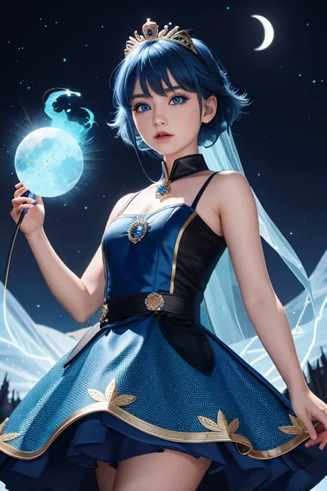 a night, ((1 girl)), Single, Masterpiece, 8k wallpaper, High accuracy, Absurdities, High quality background, short hair, Black hair, Multicolored hair, Beautiful frozen village, (Bright full moon), Blue dress, Bespoke dress, Jewelry dress, (magic:1.2), blu...