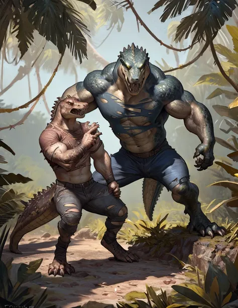 Duo, male muscular man and woman morphing into anthro alligators, by taran fiddler, duo, jungle, , expressive, dynamic, attractive, power stance, torn clothes, pain