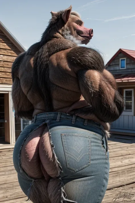 ((best quality)), ((masterpiece)), (detailed), perfect face, Furry, anthropomorphic Mangalista Pig, Dilf, Daddy, older man, farmer, big pecs, broad shoulders, kind of pudgy, dad bod, musclegut, wearing  overalls, bubble butt, huge ass, hairy ass, sweaty as...