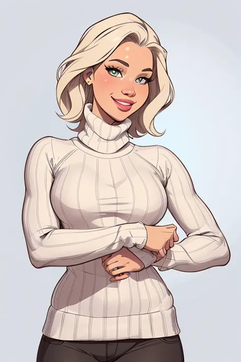 (estilo de desenho animado:1.2), cartoon style digital illustration style drawings ([Jessica Simpson|Jennifer Lawrence]), wearing a loose turtleneck sweater, Um grande sorriso, olhos perfeitos, rosto detalhado,  Fundo, pose divertida, olhar sedutor, simply...