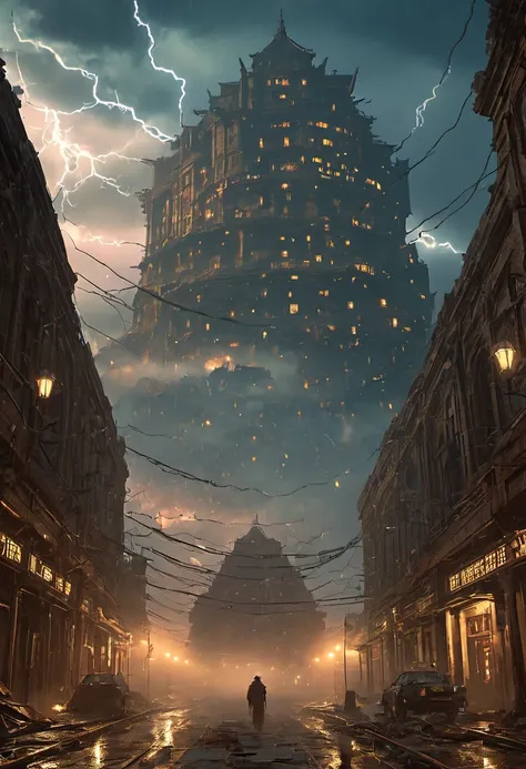 Heavy rain(illumination,The City of Doom,abandoned,dystopia,Futurism,Dark atmosphere,Overgrown vegetation,deserted street,Crumbling building,black wall,broken windows,There are pieces everywhere,create desolation、chaotic atmosphere. ),[Steampunk survivor,G...