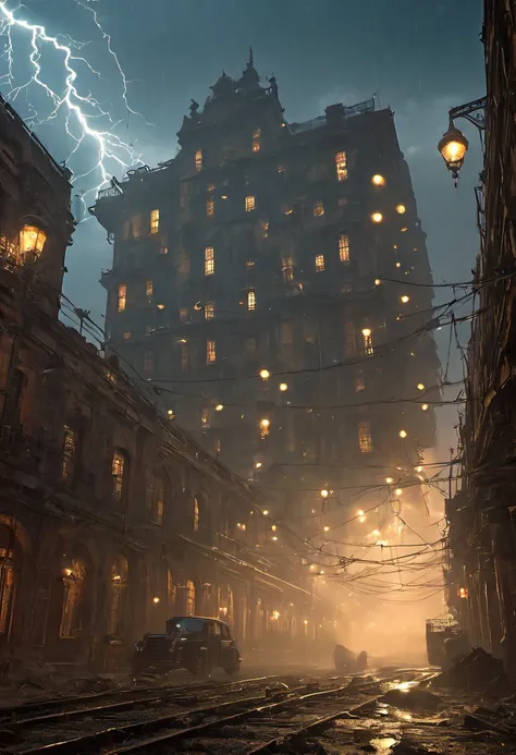 Heavy rain(illumination,The City of Doom,abandoned,dystopia,Futurism,Dark atmosphere,Overgrown vegetation,deserted street,Crumbling building,black wall,broken windows,There are pieces everywhere,create desolation、chaotic atmosphere. ),[Steampunk survivor,G...