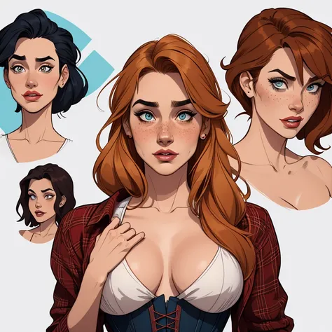 Character style illustration style Completely bare breasts showing a little fear Breast size Cartoon name: Isabella Cruz white background medium breasts freckled face Hermione Granger actress strong contours Physical description - long straight hair, tingi...