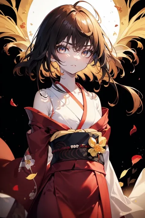 ((((Obra maestra, La mejor calidad, ultrahigh resolution)))), 1girl, standing, ((wearing a red_kimono)), long hair cut, pale skin, ((brown eyes)), (glowing_eyes, luminescent eyes), (ultra detailed eyes:0.7, beautiful and detailed face, detailed eyes:0.9), ...