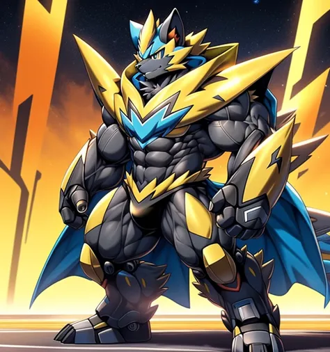 Zeraoras giant robot.
(masterpiece, best quality, detailed:1.2)
(Pokémon)
Powered exoskeleton with the same design as Zeraora
big muscle,
GIANT,
pecs, triceps, traps, waist narrow.
bulge in the crotch, wears a small black string thong that reveals huge, mu...