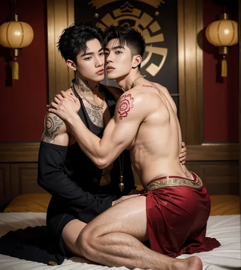 Two  handsome boys fucking,have sex, smiling at each other,hugging, kissing, touching lips, cuddle, romantic,skin ship,  lift position, penetration, Chinese Men God, Mythology, realistic, Chinese odyssy, super Handsome,manly,  kpop idol, handsome korean ac...