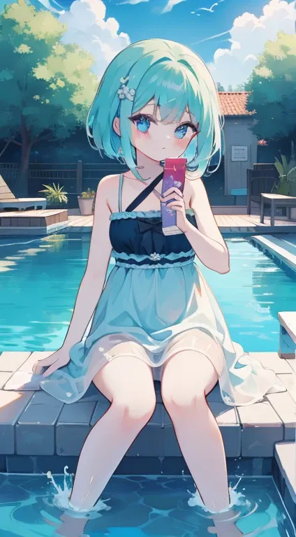 One Girl、night、Pool、ナイトPool、Summer Dresses、Splash、cute、Blue Hair、Bright Blue Eyeasterpiece、highest quality、Best image quality