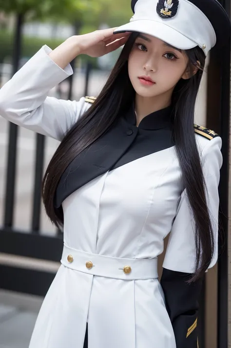 beautiful woman, long twintail, strict white military uniform that form her body, black captain military hat, firm pose, lots of badges on uniform, impossing, dashing pose, bewitching eyes, angry serious expression, standing, military base, outdoor ,bokeh,...