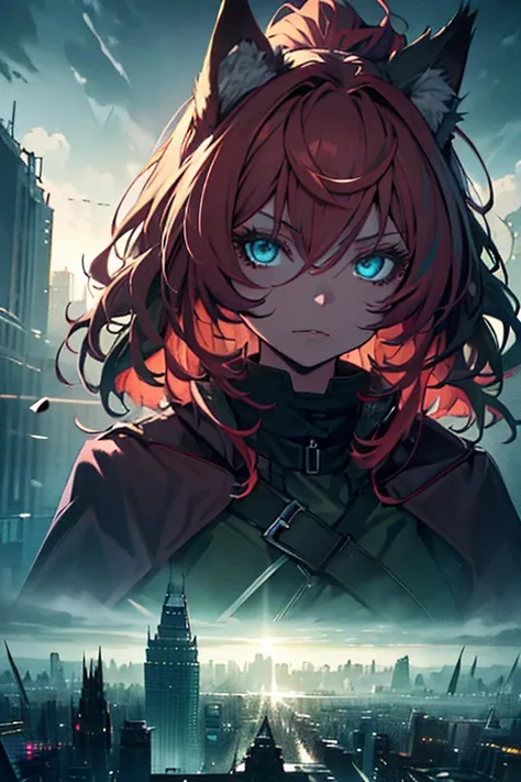 masterpiece, best quality, ((girl)), (colorful),(finely detailed beautiful eyes and detailed face),cinematic lighting,extremely detailed CG unity 8k wallpaper, sky, cloudy_sky, building, (dark theme:1.3), light, fantasy, Fox Ears, red hair and green eyes, ...