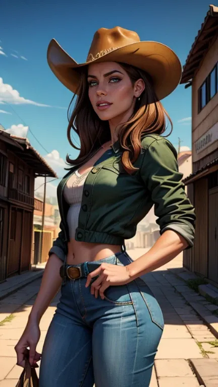 Hyperrealistic photo of Kate Beckinsale Cartoon style digital illustration close up, obra de arte, melhor qualidade, (fotorrealista:1.4), (roupa de vaqueiro, jaqueta por cima da camisa, dirty pants, cowboy hat) Create dystopian obra de artes. Tema ocidenta...