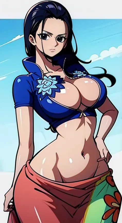 Nico robin de One Piece, Nico Robin with clothes from the Fishman Island saga, blusa curta azul com gola levantada, barriga de fora, saia rosa, pernas aparentes, she has protruding skin, pele suada, decote estravagante, seus seios saltam para fora da camis...