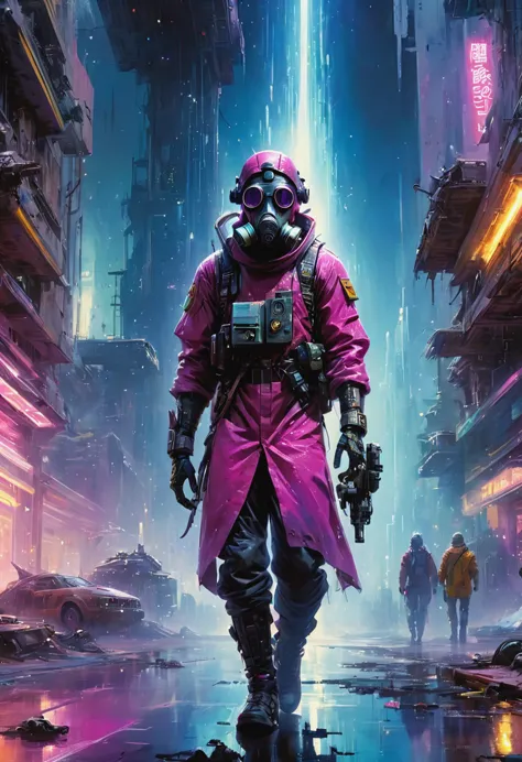 araaf man wearing a gas mask walks through the destroyed city，skyline of a dense and sprawling city in the grunge world, cyberpu...