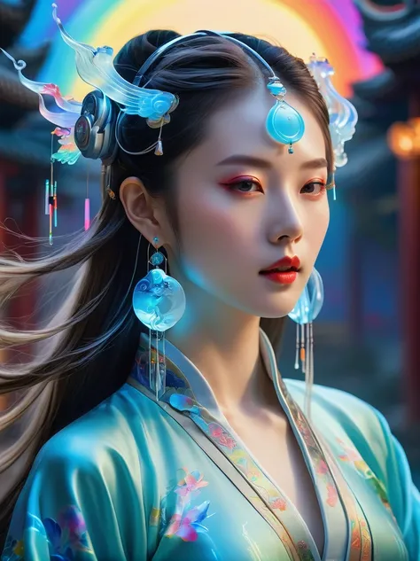 Tang Suit，Chinese Hanfu，Photo of a woman wearing colorful technology，In a flowing surrealist style，shining，smooth，Accurate and realistic，Hard surface modeling，Precisionism，Light silver and sky blue，project，construction and design，Luminous headphones, Glowi...