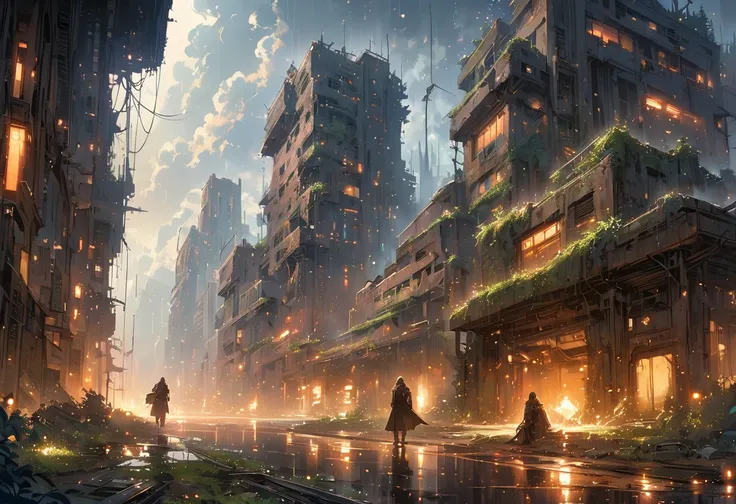 戴着Gas Mask的白袍男子穿过被毁坏的城市，Heavy rain(illumination,The City of Doom,abandoned,dystopia,Futurism,Dark atmosphere,Overgrown vegetation,deserted street,Crumbling building,black wall,broken windows,There are pieces everywhere,create desolation、chaotic atmosphere....