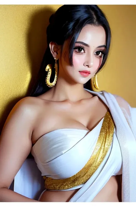 Sexy woman, Black hair tied into a bun, smoky eyes, Eyeliner, blush, The fairest skin, Plump face, soft lips, blouse detailed with gold, White saree with gold border, Nailed to the wall，Huge Breasts，Breast sagging and cleavage showing