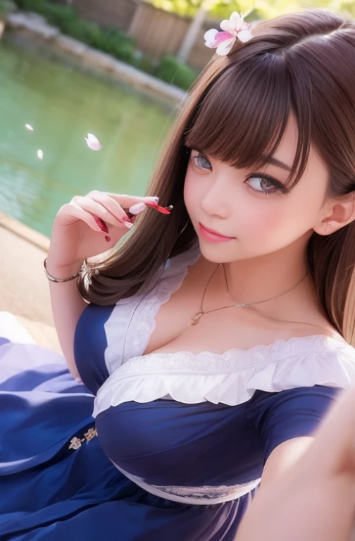 1 female、whole body、lower angle、brown hair、Long Hair、Well-groomed face、Thick lips、Iris、Blue dress、Beautiful breasts、slim、mini skirt、cherry blossoms、cherry blossoms吹雪、petal、Kyoto、masterpiece、Ultra-high resolution、delicate、Perfect lighting、sunlight、16k