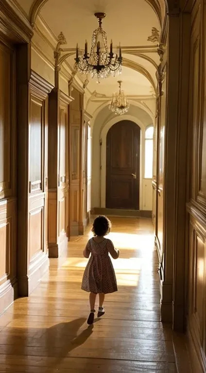 A long, winding, wide hallway　10 doors on each side　17th century　French castle style　Child walking in front