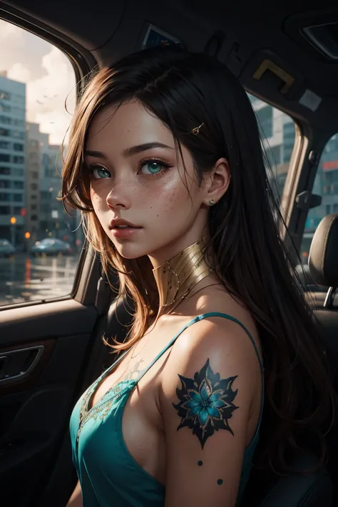 1 girl, ven:0.3) woman, candid portrait, establishing shot, detailed background, atmospheric, hair flowing in the wind, naked, white hair, tan skin, oily skin, wet hair, freckles, green eyes, floating particles, backlightinasterpiece))), (((masterwork))), ...