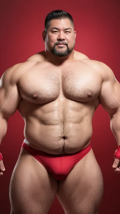 white hair, old man, individual, male, Muscular wrestler, muscular, Stout wrestler, Asian, Japanese, uncle, 55 year old middle-aged man, short hair, short hair, red wrestling boots, full body portrait, shadow, Vision, red briefs, obesity, 45 years old, sho...