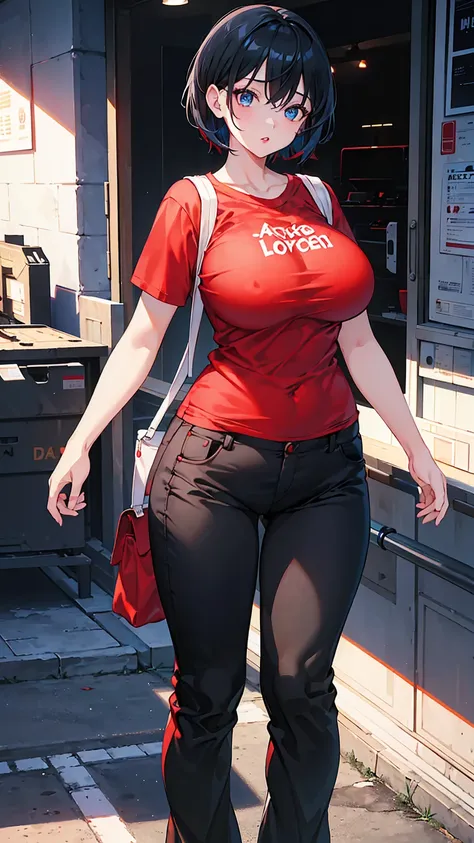 1girl "big breasts" + "large rear" + "wide hips" + " tiny waist" + "plump thighs" + blue eyes color " + "black color Hair" + "ultra short hair" +"Red Lips" + "Lucious Lips"”) outfit: (red baggy t-shirt, baggy black pants)