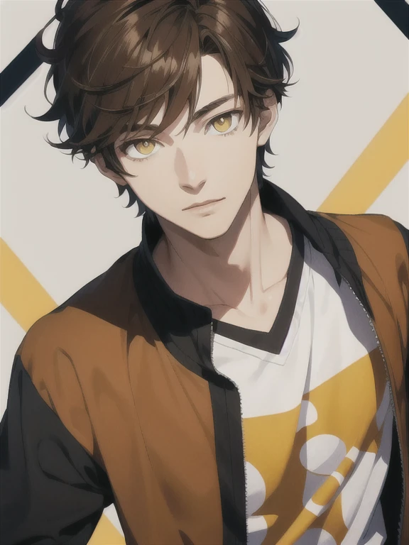 illustration style, atractive boy, yellow eyes, handsome,brown hair,high school student,teen clothes,colorful