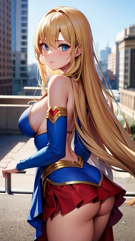 ((Best quality, Masterpiece, Nonsense)),1girll:1.9, Sexy, ( 18 years old, Expressive blue eyes, shoulder-length blonde hair, Long hair,Loose and fluffy hair),Dressed Supergirl cosplay (Super Girl Suite custom role-playing), Shortest red skirt,eechi, Terrac...