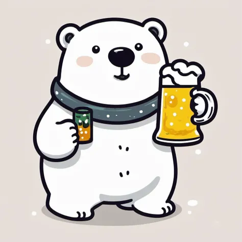 A small polar bear walking on two legs、Holding a beer mug in his hand