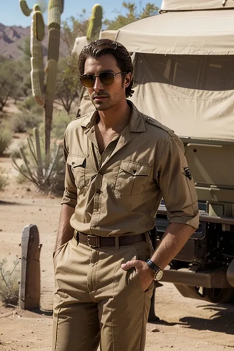 Man wearing a desert-colored safari suit 