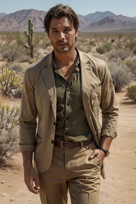 Man wearing a desert-colored safari suit 