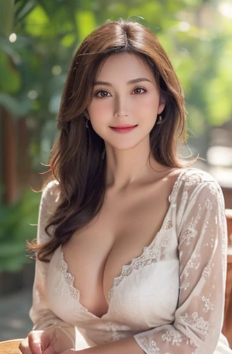 ( a mature woman in white kebaya )、(thin kebaya ),(top-quality,​masterpiece:1.3,超A high resolution,), (ultra-detailliert, table top), (Photorealsitic:1.4,RAW), Cute and lovely Japanese model, realistic, ultra detail, blushy smile, (bulged large breast), ni...