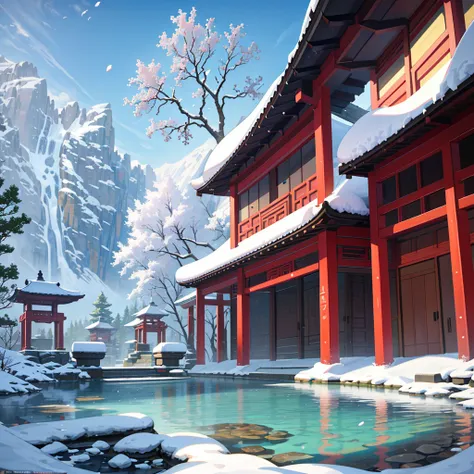 Ancient Chinese architecture, Cool colors, A snow-white world, garden,Heavy snow in winter，snow, lake, Stone Bridge, rockery, arch, corner, Tree, Tap water, landscape, outdoor, Fall, Grass, rock,  dense teeth, (illustration: 1.0) , Epic creation, High-reso...