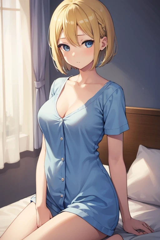 one person, one personの女の子, AiHayasaka, Ai Hayasaka, Blonde Hair, Blonde, Bobcut, bobbed hair, blue eyes, Blue Scrunchie,  Big Breasts, breast, Flushed Cheeks, Wearing pajamas, Nightwear