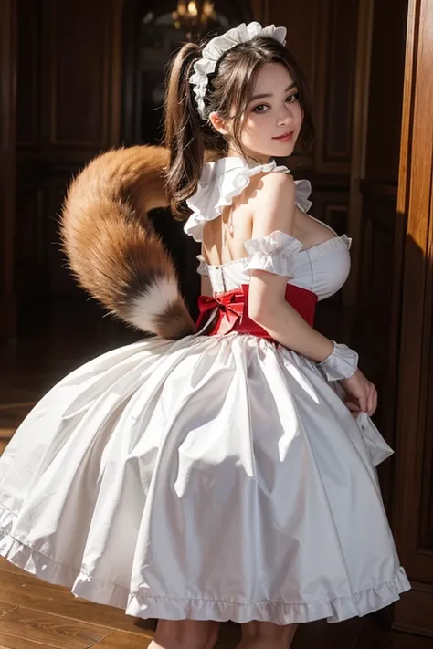 ((highest quality, 32k)), ((masterpiece)), (Familiar), Perfect Face, Fox Girl, Beautiful woman, public, Has a tail, She has a fluffy tail, She has a red fox&#39;s tail., She wags her tail, smile, bell collar, She wears a maid outfit, Beautiful Hips, Big Br...