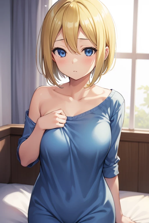 one person, one personの女の子, AiHayasaka, Ai Hayasaka, Blonde Hair, Blonde, Bobcut, bobbed hair, blue eyes, Blue Scrunchie,  Big Breasts, breast, Flushed Cheeks, Wearing pajamas, Nightwear