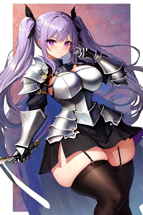 masterpiece, best quality, 1girl, light purple hair, long hair, twintails, bright purple eyes, cute, (black and silver knight armor, skirt, stockings:1.3), (curvy, slim waist, bottomheavy, big breasts, gigantic thighs, extremely wide hips:1.1), forest