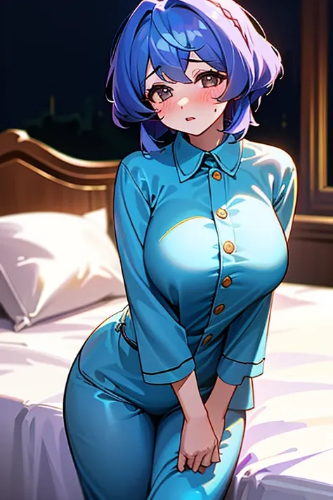 ((girl,  alone, ako amau,  big breasts, flushed cheeks, bobcut, bobbed hair, expose, wearing pajamas, there is a big gap in the ...