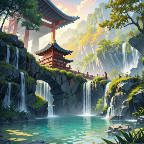 Ancient Chinese architecture, Cool colors, sunset, evening, setting sun, garden, bamboo, lake, Stone Bridge, rockery, arch, corner, Tree, Tap water, landscape, outdoor, Fall, Grass, rock, Pond lotus has dense teeth, (illustration: 1.0) , Epic creation, Hig...