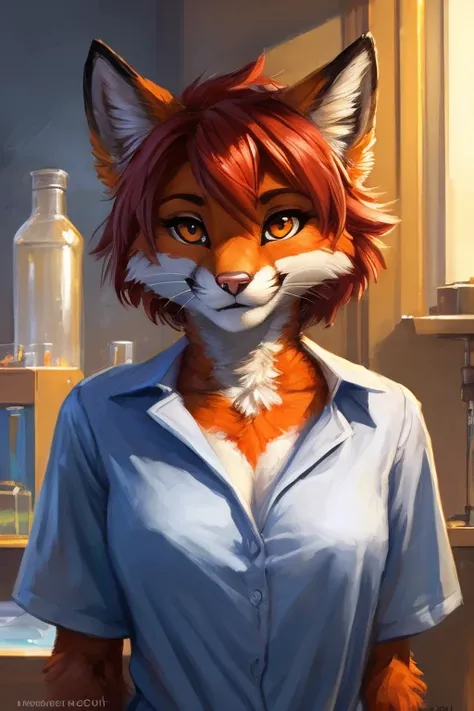 (( wearing a helf shirt looking to the right Shes anthropomorphic cat with red short hair and orange and white fur
Orange eyes )) , big chest, sexy, sensual, detailed, uploaded to e621, beautiful and detailed portrait of an anthropomorphic  Fenix, ((anthro...