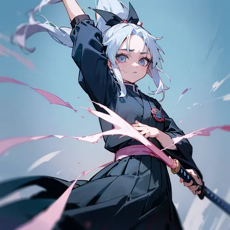 White hair half ponytail 2D girl，Wear《Demon Slayer: Kimetsu no Yaiba》Demon Slayer Uniform，Wearing a blue haori on the outside，Waving the samurai sword, the cold wind blew