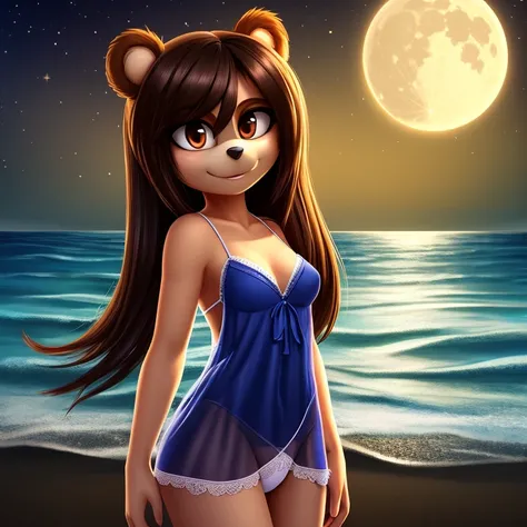 mobian bear, brown hair, brown eyes, black hair, black fur, straight hair, long hair, female, small breasts, ocean, female, 1girl, portrait, standing, nightgown, white clothes, dominant female, smile, shore, frilled underwear, night, moon, stars, ghost, tr...