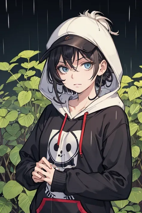 HoodieGirl, Best quality, Masterpiece, 1girl, Black hair, Pale skin, Hair bun, Upper body, (Black gardener with winter hat), Symbiote hoodie, Symbiotic teeth, Without expression, Looking at the viewer, in the fresh air, rain, raining, a night, sick, Lookin...