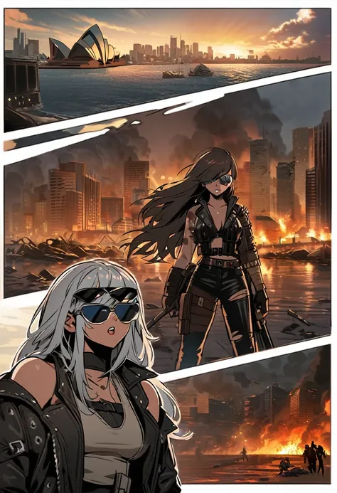 Sydney Harbour, 1girl, black woman, in the style of Mad Max, Sydney Opera House burning and collapsed, girl has mirrored sunglasses, torn leather jacket, warpaint, apocalyptic city, city devastated by zombies
