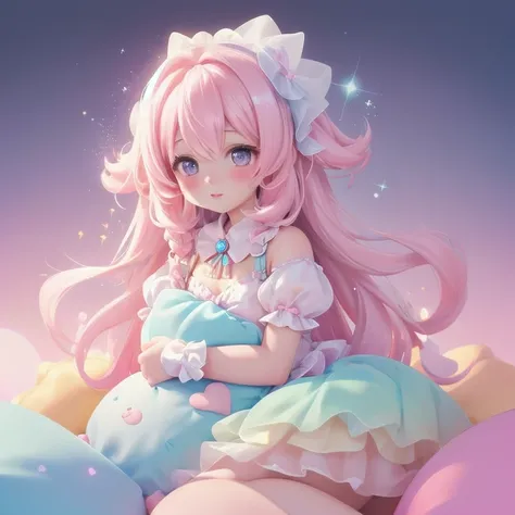 (fluffy pastel,High resolution,High resolution,highest quality:1.2),Transmitted light texture,glowing gradient particles,brilliant fancy background,Cute Costumes,Sparkling,pretty girl,cushion,Body pillow,