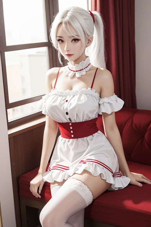 Woman, gorgeous, sexy, white hair, red eyes, two ponytails, red maid-like dress, black and white little details, ruffled skirt, seductive look, seductive pose, white stockings up to the middle of the thighs, red shoes