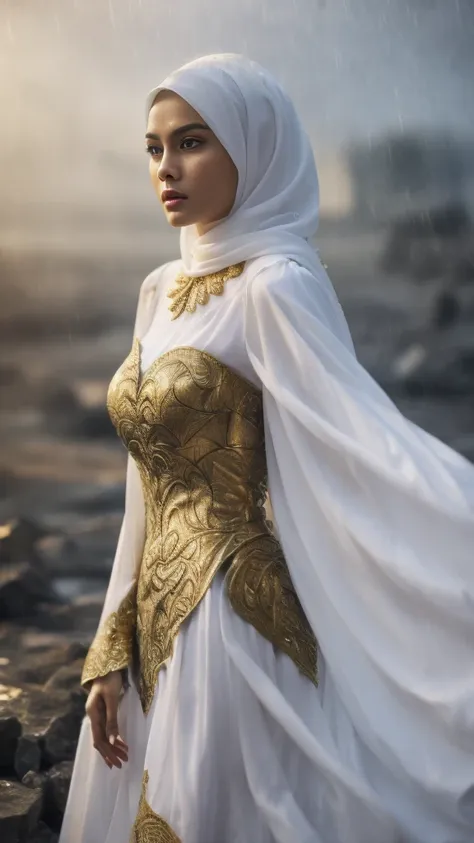 a malay woman in white hijab and a white long dress, realistic Art Station, hard raining scene, Detailed Fantasy Art, Stunning Character Art, beautiful Exquisite Character Art, Beautiful white Armor, Extremely Detailed, white armor Girl, Exquisite Intricat...