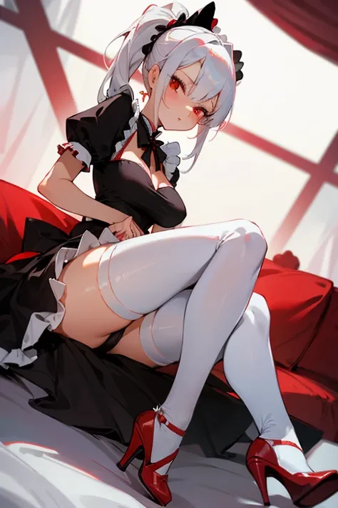 Woman, gorgeous, sexy, white hair, red eyes, two ponytails, red maid-like dress, black and white little details, ruffled skirt, seductive look, seductive pose, white stockings up to the middle of the thighs, red shoes